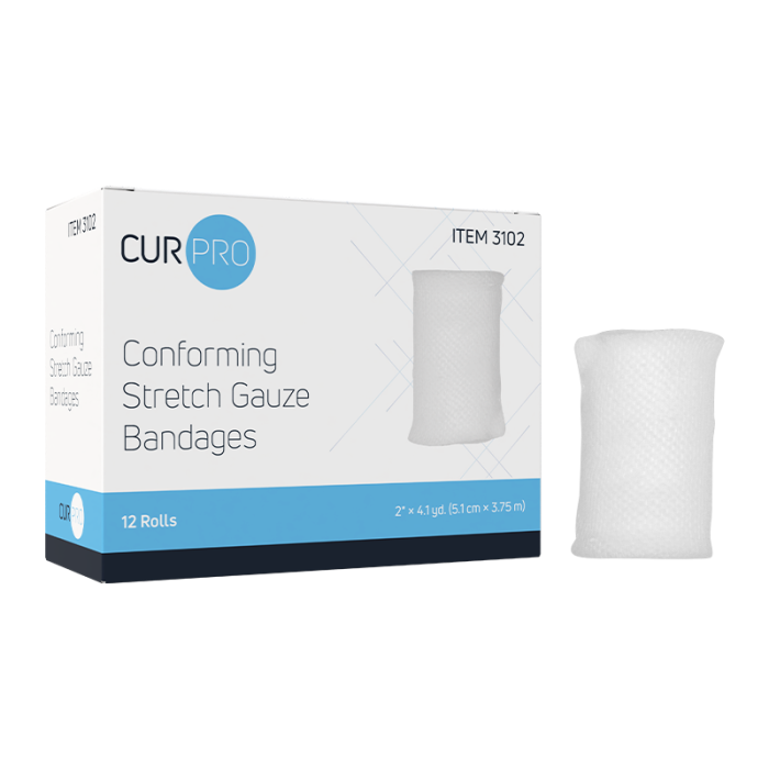 Stretch Gauze Bandage Roll, Non-sterile, 2 in x 4.1 yd, 8 Boxes of 12, box and roll
