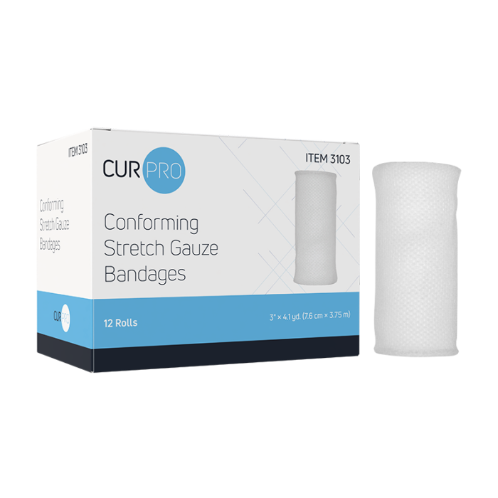 Stretch Gauze Bandage Roll, Non-sterile, 3 in x 4.1 yd, 8 Boxes of 12, box and roll