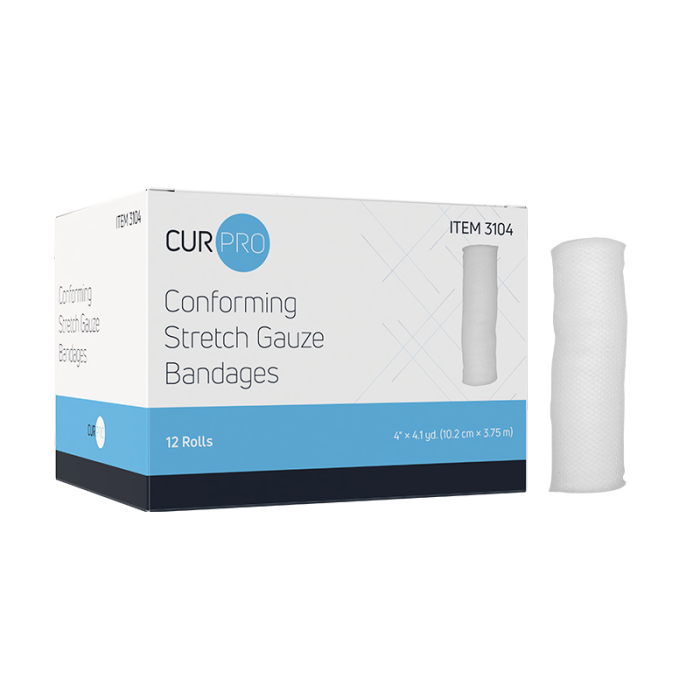 Stretch Gauze Bandage Roll, Non-sterile, 4 in x 4.1 yd, 8 Boxes of 12, box and roll