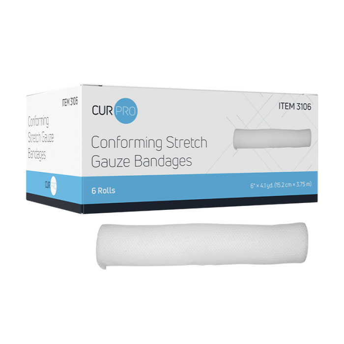 Stretch Gauze Bandage Roll, Non-sterile, 6 in x 4.1 yd, 8 Boxes of 6, box and roll