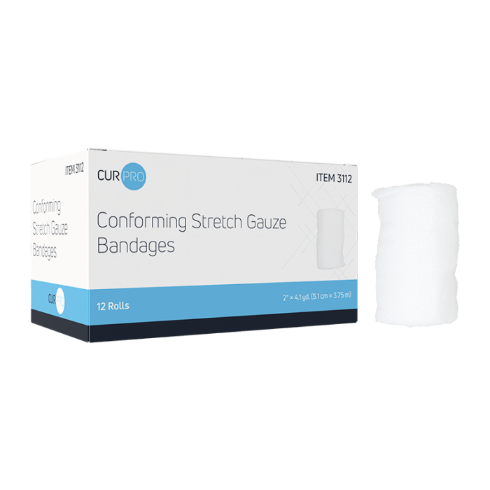 Stretch Gauze Bandage Roll, Sterile, 2 in x 4.1 yd, 8 Boxes of 12, box and roll
