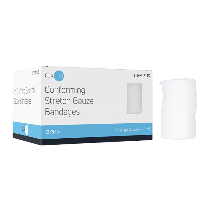 Stretch Gauze Bandage Roll, Sterile, 3 in x 4.1 yd, 8 Boxes of 12, box and roll