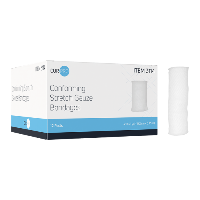 Stretch Gauze Bandage Roll, Sterile, 4 in x 4.1 yd, 8 Boxes of 12, box and roll