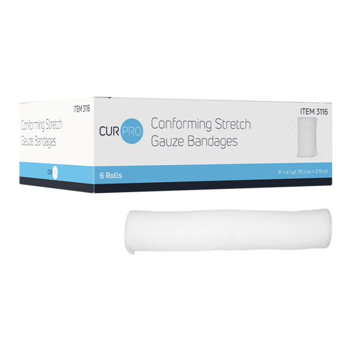 Stretch Gauze Bandage Roll, Sterile, 6 in x 4.1 yd, 8 Boxes of 6, box and roll