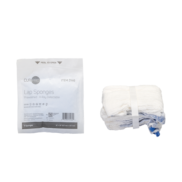 Lap Sponges, Sterile, X-Ray Detectable, 18 x 18 in, 40 Packs of 5, pouch and sponge
