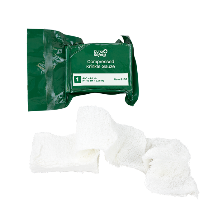 Compressed Krinkle Gauze Bandage, Sterile, 4 1/2 in x 4.1 yd, Case of 100, wrapper and bandage