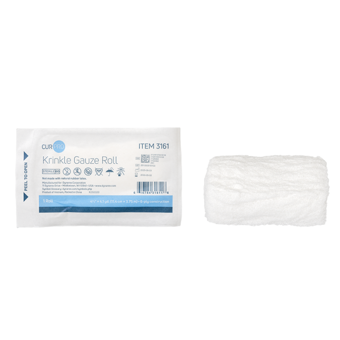 Krinkle Gauze Roll, Sterile, 4 1/2 in x 4.1 yd, 6 Ply, Case of 100, wrapper and roll