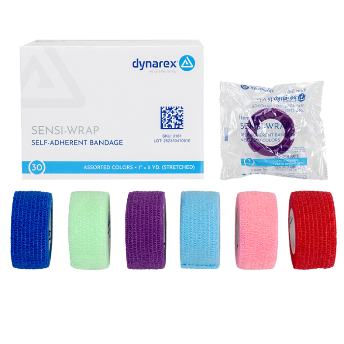 Self-Adherent Wrap, Assorted Colors, 1 in x 5 yd, Contains Latex, Case of 30, box, wrapper and rolls, group