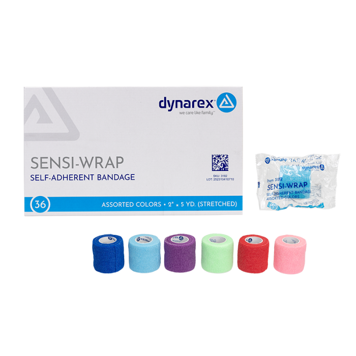 Self-Adherent Wrap, Assorted Colors, 2 in x 5 yd, Contains Latex, Case of 36, box, wrapper and rolls, angle, group