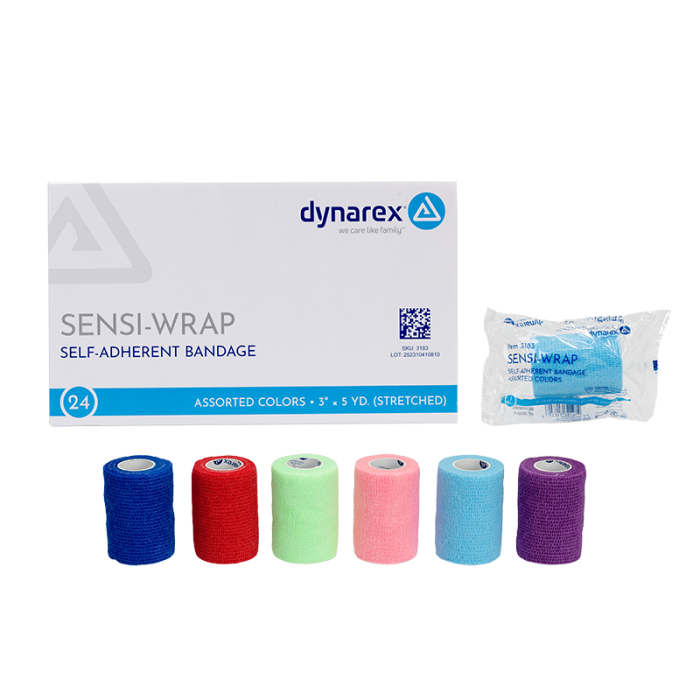 Self-Adherent Wrap, Assorted Colors, 3 in x 5 yd, Contains Latex, Case of 24, box, wrapper and rolls, angle, group