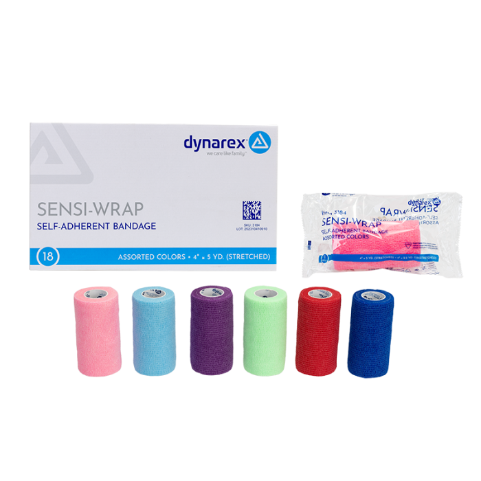 Self-Adherent Wrap, Assorted Colors, 4 in x 5 yd, Contains Latex, Case of 18, box, wrapper and rolls, angle, group