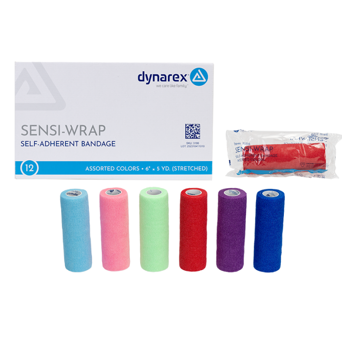 Self-Adherent Wrap, Assorted Colors, 6 in x 5 yd, Contains Latex, Case of 12, box, wrapper and rolls, angle, group