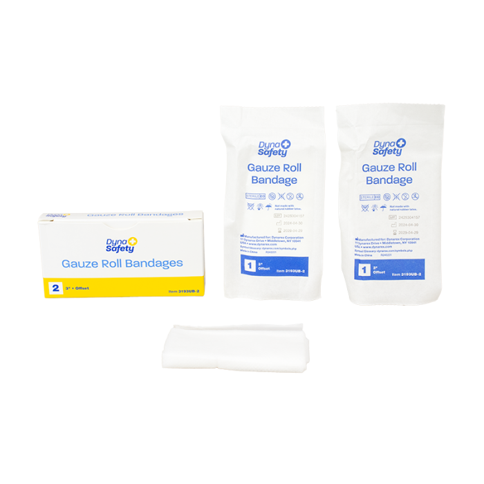Gauze Roll Bandage with Pad, Sterile, 3 in, 100 Boxes of 2, bandage, box and pouch