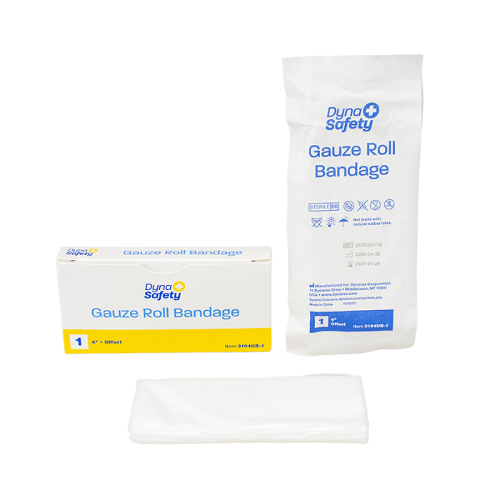 Gauze Roll Bandage with Pad, Sterile, 4 in, 100 Boxes of 1, bandage, box and pouch