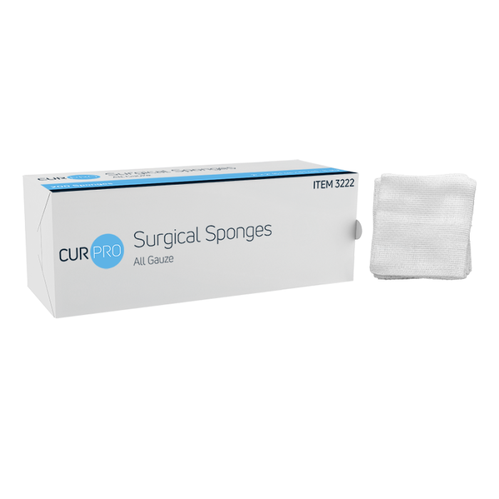 Gauze Sponges, Non-Sterile, 2 x 2 in, 8 Ply, 25 Sleeves of 200, box and sponge