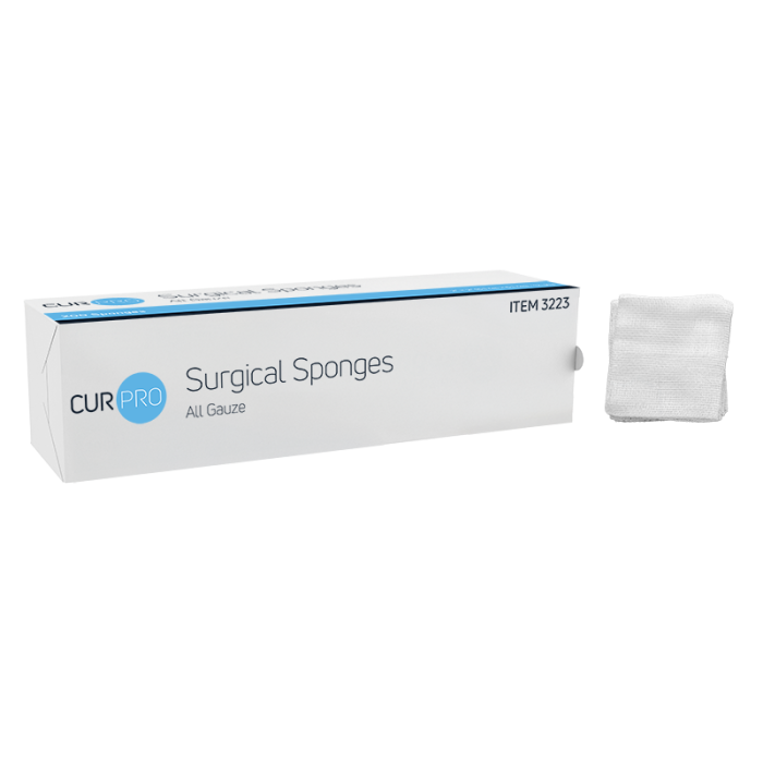 Gauze Sponges, Non-Sterile, 2 x 2 in, 12 Ply, 40 Sleeves of 200, box and sponge