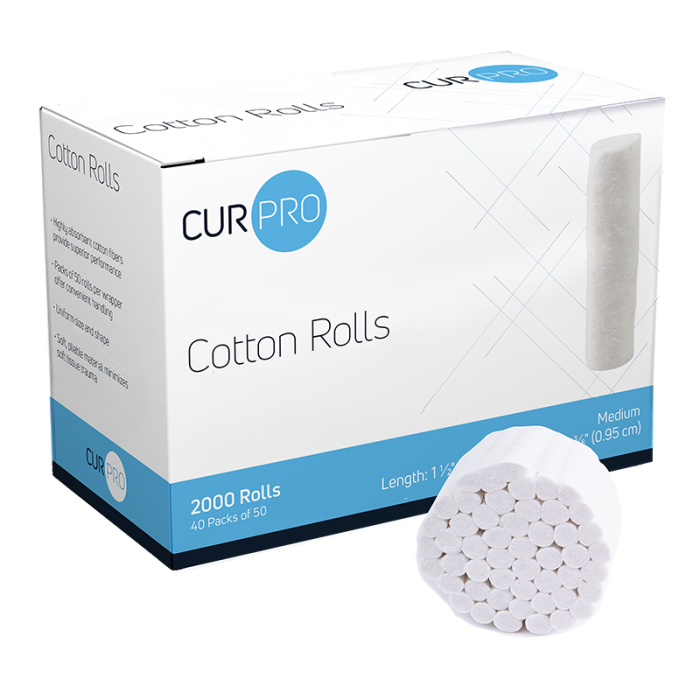 Dental Cotton Rolls, #2 Medium, 10 Boxes of 2,000, box and roll, label