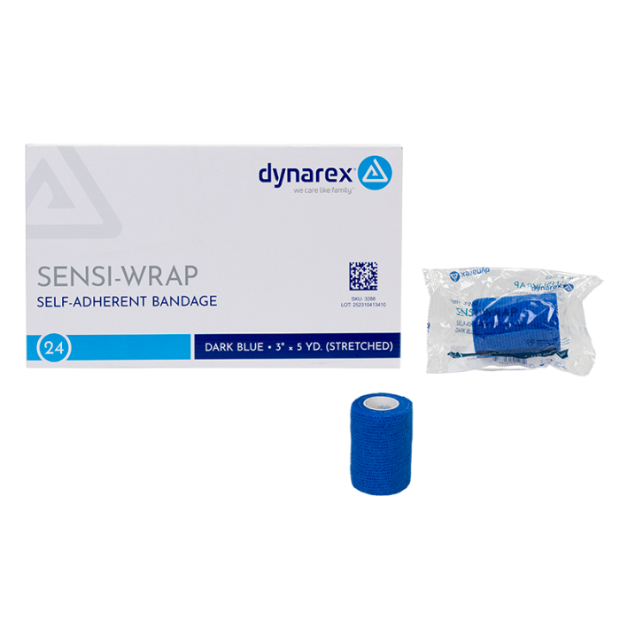 Self-Adherent Wrap, Dark Blue, 3 in x 5 yd, Contains Latex, Case of 24, box and wrapper