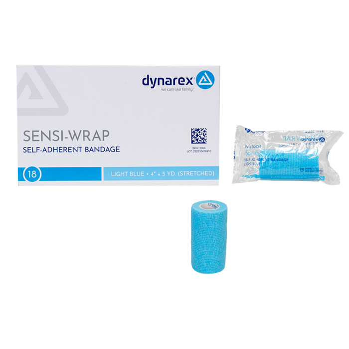 Self-Adherent Wrap, Light Blue, 4 in x 5 yd, Contains Latex, Case of 18, box and wrapper