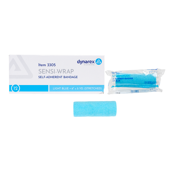 Self-Adherent Wrap, Light Blue, 6 in x 5 yd, Contains Latex, Case of 12, box and wrapper