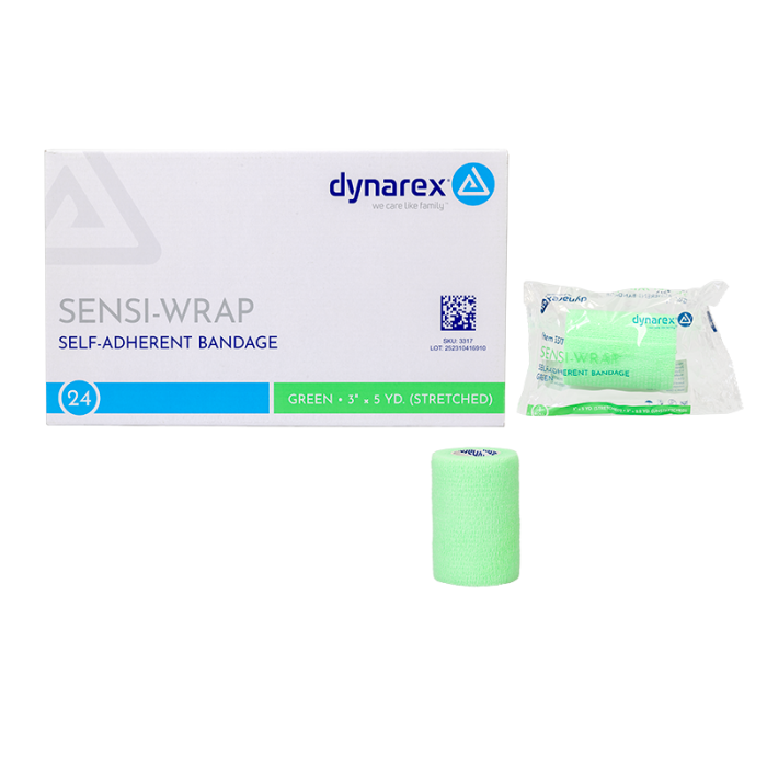 Self-Adherent Wrap, Latex-Free, Green, 3 in x 5 yd, Case of 24, box and wrapper