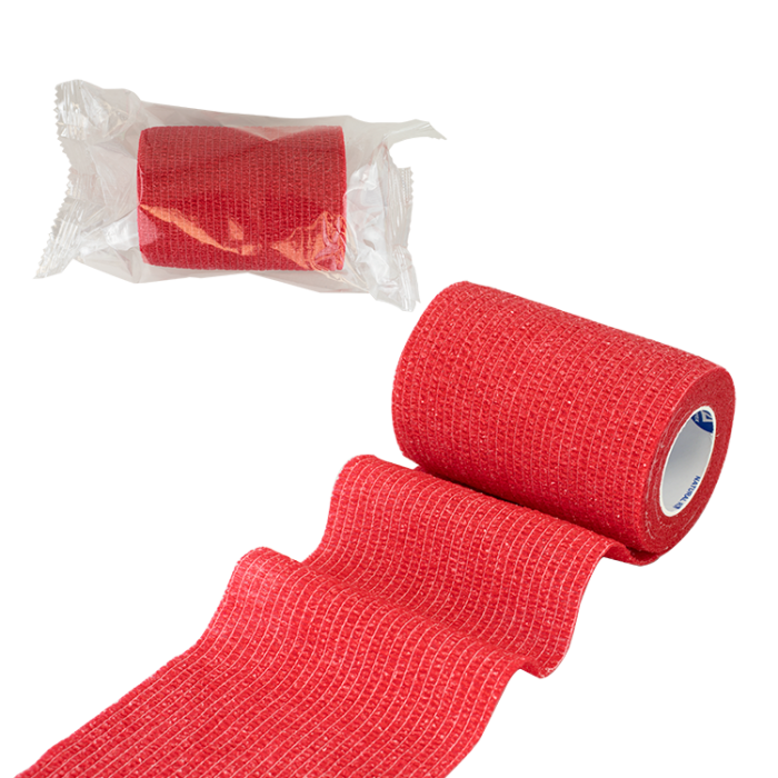 Self-Adherent Wrap, Latex-Free, Red, 4 in x 5 yd, Case of 18, bag, front, unrolled
