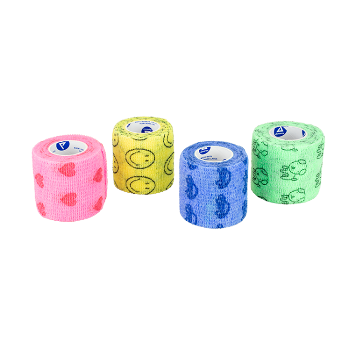 Self-Adherent Wrap, Latex-Free, Kids Prints, 4 in x 5 yd, Case of 18, rolls, angle, group