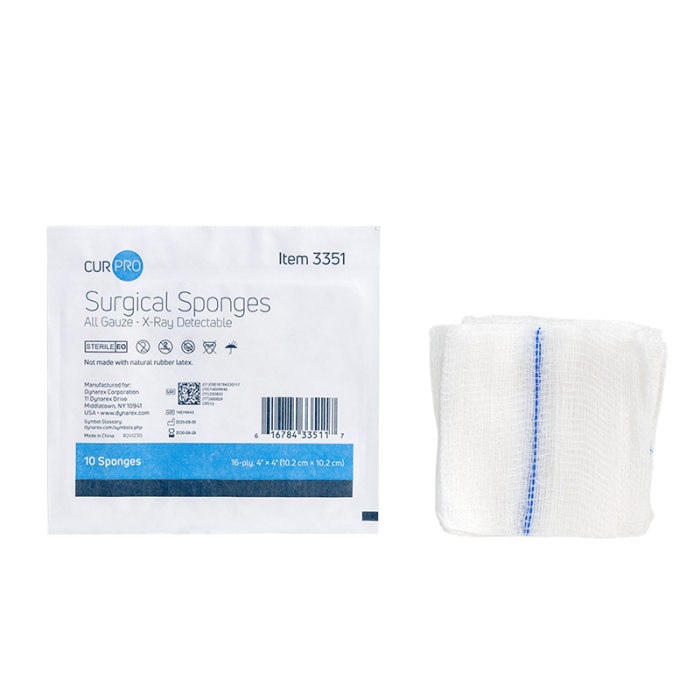 X-Ray Detectable Gauze Sponges, Sterile, 4 x 4 in, 16 Ply, Trays of 10, Case of 128, sponge and tray