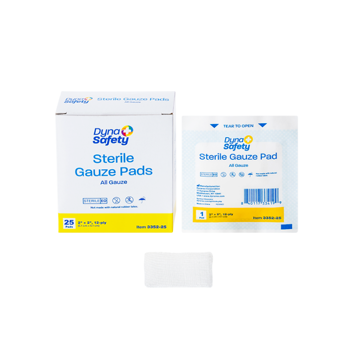 Gauze Pads, Sterile, 2 x 2 in, 12 Ply, 28 Boxes of 25, pad, box and pouch