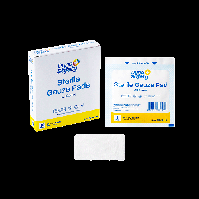 Gauze Pads, Sterile, 3 x 3 in, 12 Ply, 48 Boxes of 10, pad, box and pouch