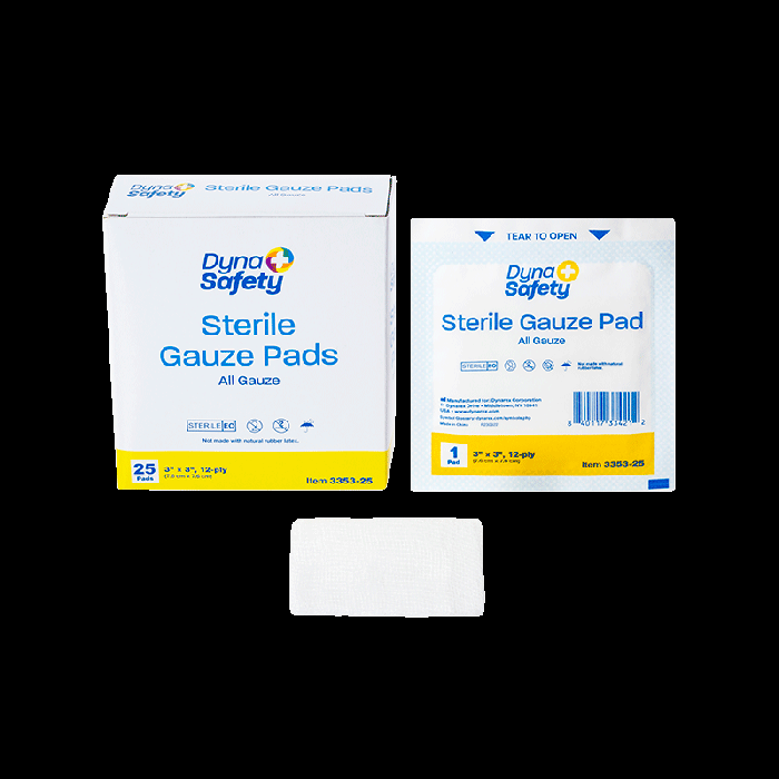 Gauze Pads, Sterile, 3 x 3 in, 12 Ply, 28 Boxes of 25, pad, box and pouch