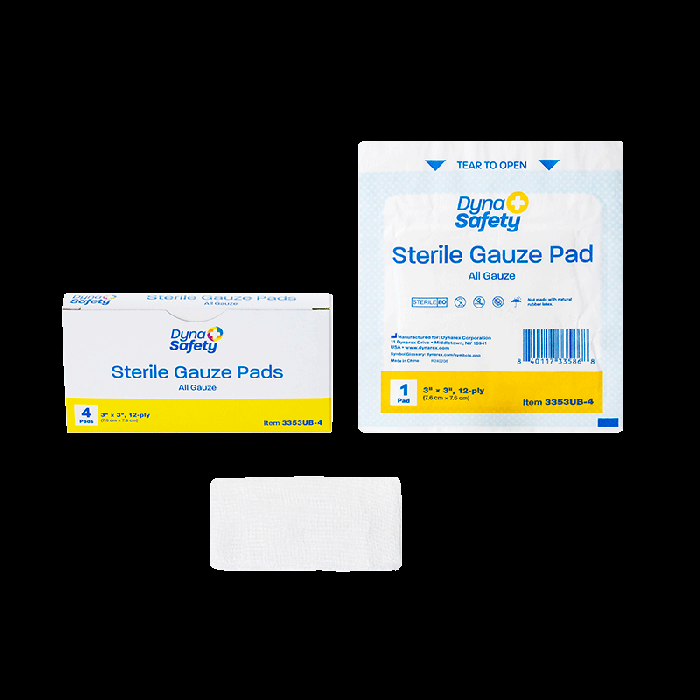 Gauze Pads, Sterile, 3 x 3 in, 12 Ply, 100 Boxes of 4, pad, box and pouch