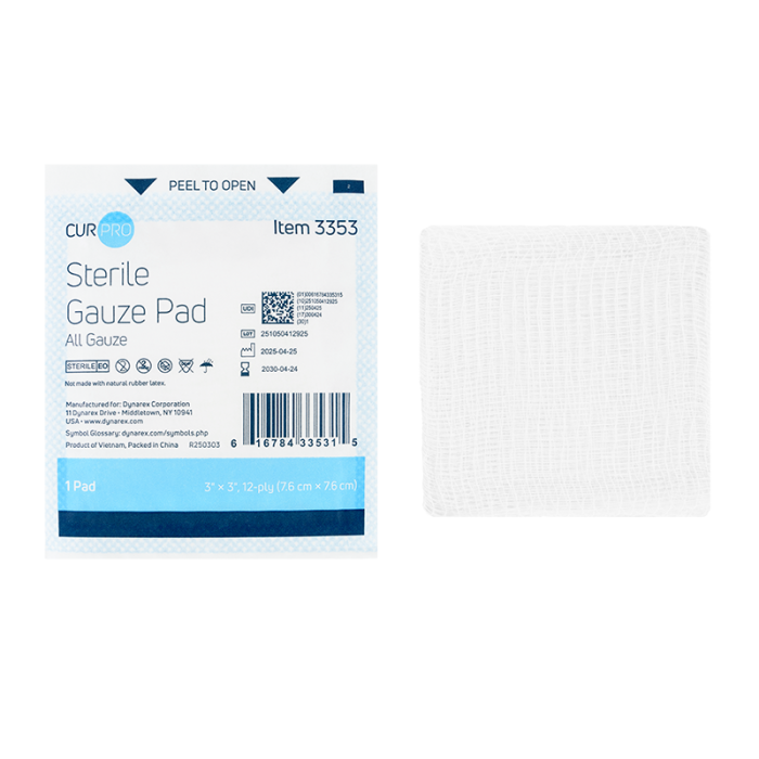 Gauze Pads, Sterile, 3 x 3 in, 12 Ply, 24 Boxes of 100, pad and pouch