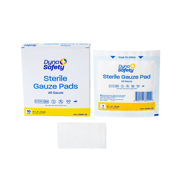 Gauze Pads, Sterile, 4 x 4 in, 12 Ply, 48 Boxes of 10, pad, box and pouch