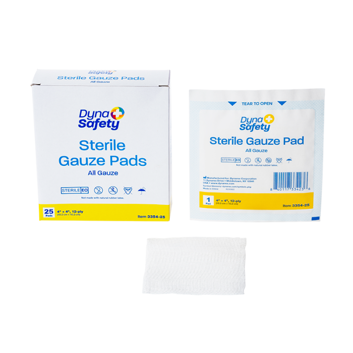 Gauze Pads, Sterile, 4 x 4 in, 12 Ply, 28 Boxes of 25, pad, box and pouch