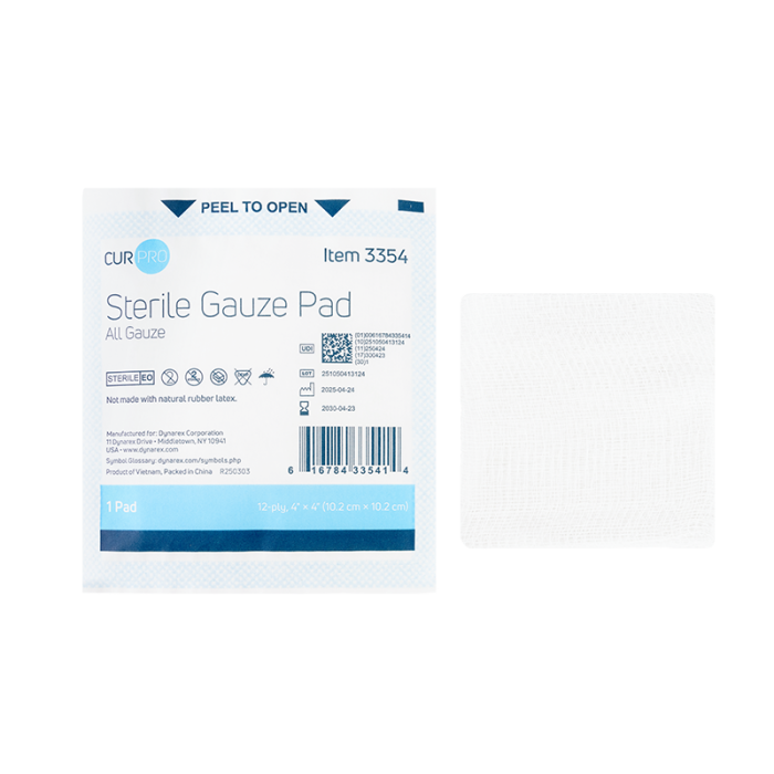 Gauze Pads, Sterile, 4 x 4 in, 12 Ply, 12 Boxes of 100, pad and pouch
