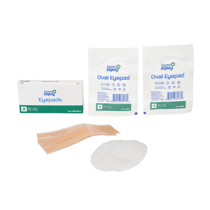 Eye Pads with Tape, Sterile, Oval, 100 Boxes of 2, box, pouch and pad