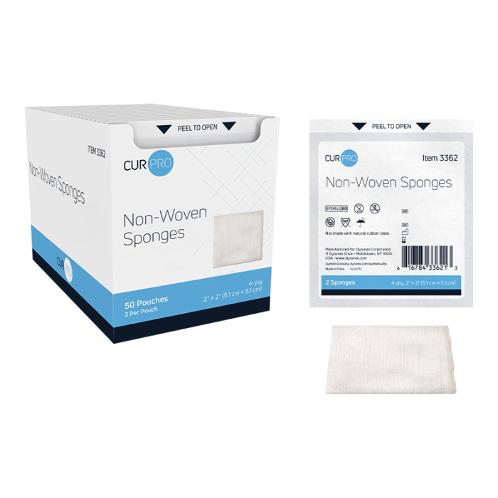 Non-Woven Sponges, Sterile, 2 x 2 in, 4 Ply, Pouches of 2, 30 Trays of 50, box, sponge and pouch