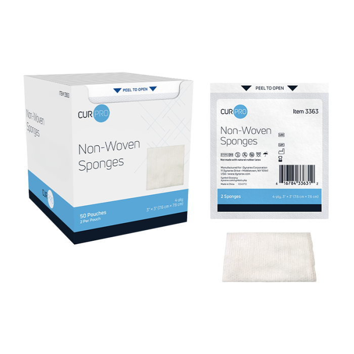 Non-Woven Sponges, Sterile, 3 x 3 in, 4 Ply, Pouches of 2, 24 Trays of 50, box, sponge and pouch