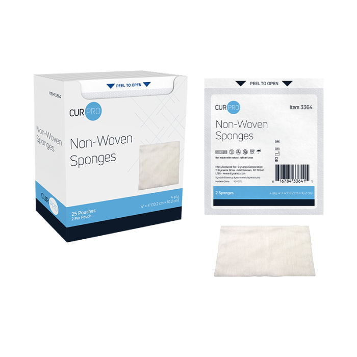 Non-Woven Sponges, Sterile, 4 x 4 in, 4 Ply, Pouches of 2, 24 Trays of 25, sponge, box and pouch