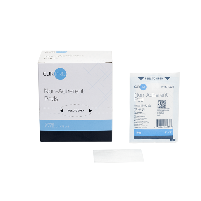 Non-Adherent Pads, Sterile, 2 x 3 in, 12 Boxes of 100, box, pad and pouch