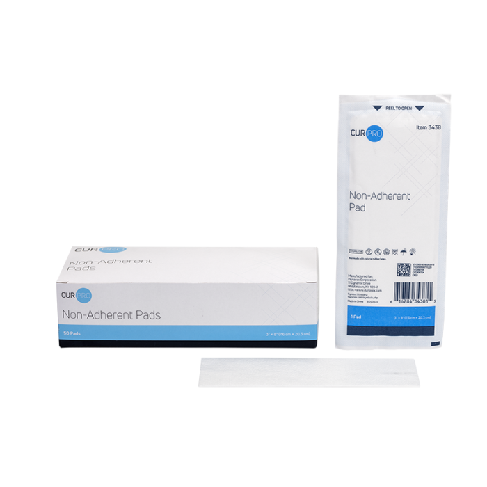Non-Adherent Pads, Sterile, 3 x 8 in, 12 Boxes of 50, pad, box and pouch