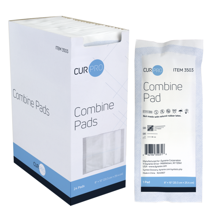 ABD Combine Pads, Sterile, 8 x 10 in, 15 Boxes of 24, box and pouch, label