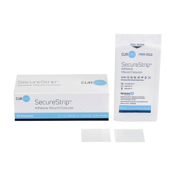 Wound Closure Strips, Sterile, 1/4 x 1 1/2 in, 4 Boxes of 50, box, wrapper and strip
