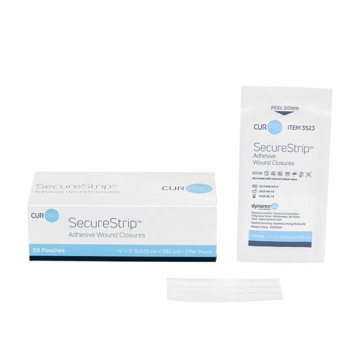 Wound Closure Strips, Sterile, 1/4 x 3 in, 4 Boxes of 50, box, wrapper and strip