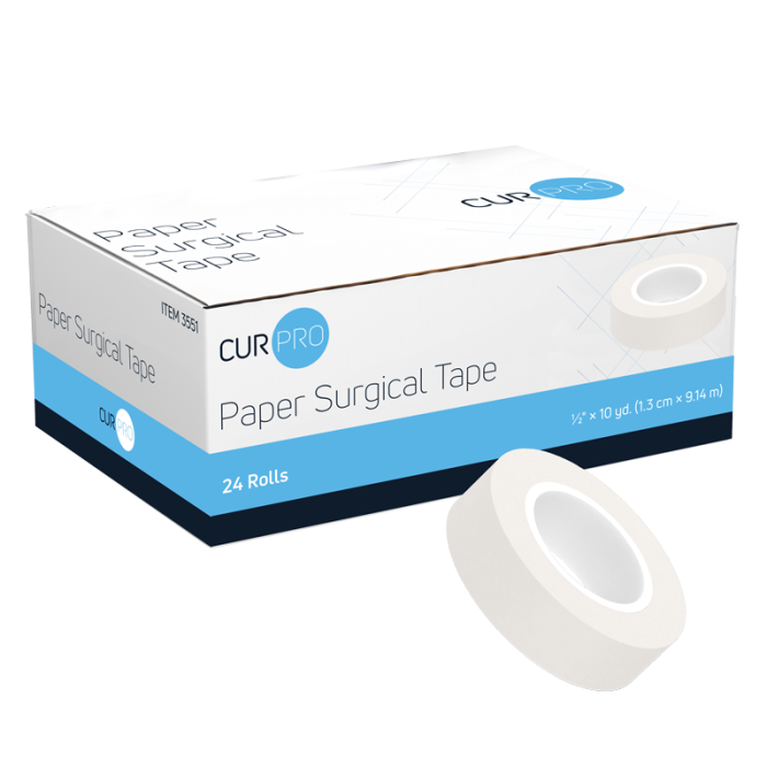 Paper Surgical Tape, 1/2 in x 10 yd, 12 Boxes of 24, box and roll