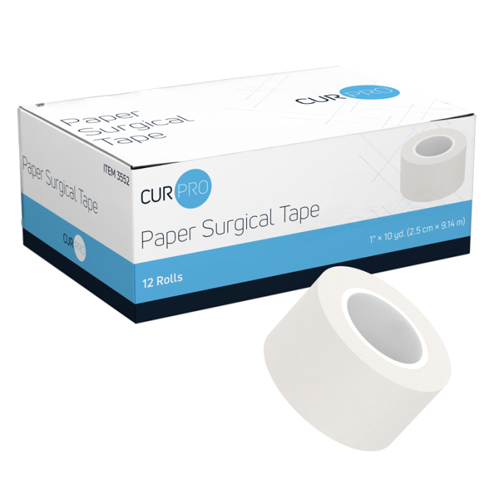 Paper Surgical Tape, 1 in x 10 yd, 12 Boxes of 12, box and roll