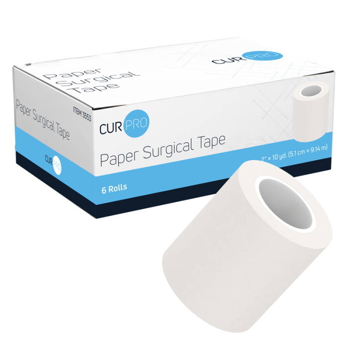 Paper Surgical Tape, 2 in x 10 yd, 12 Boxes of 6, box and roll