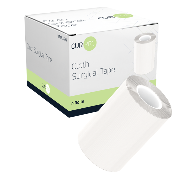 Cloth Surgical Tape, 3 in x 10 yd, 12 Boxes of 4, box and roll