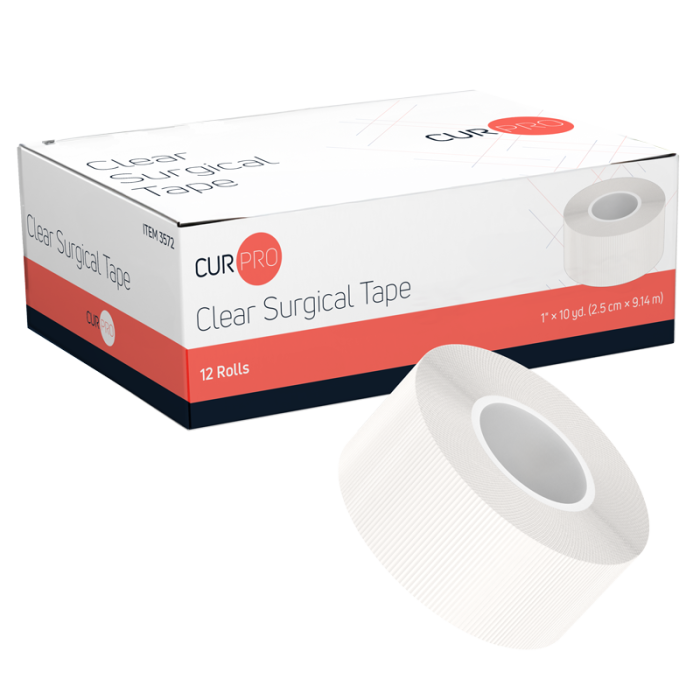 Clear Surgical Tape, 1 in x 10 yd, 12 Boxes of 12, box and roll